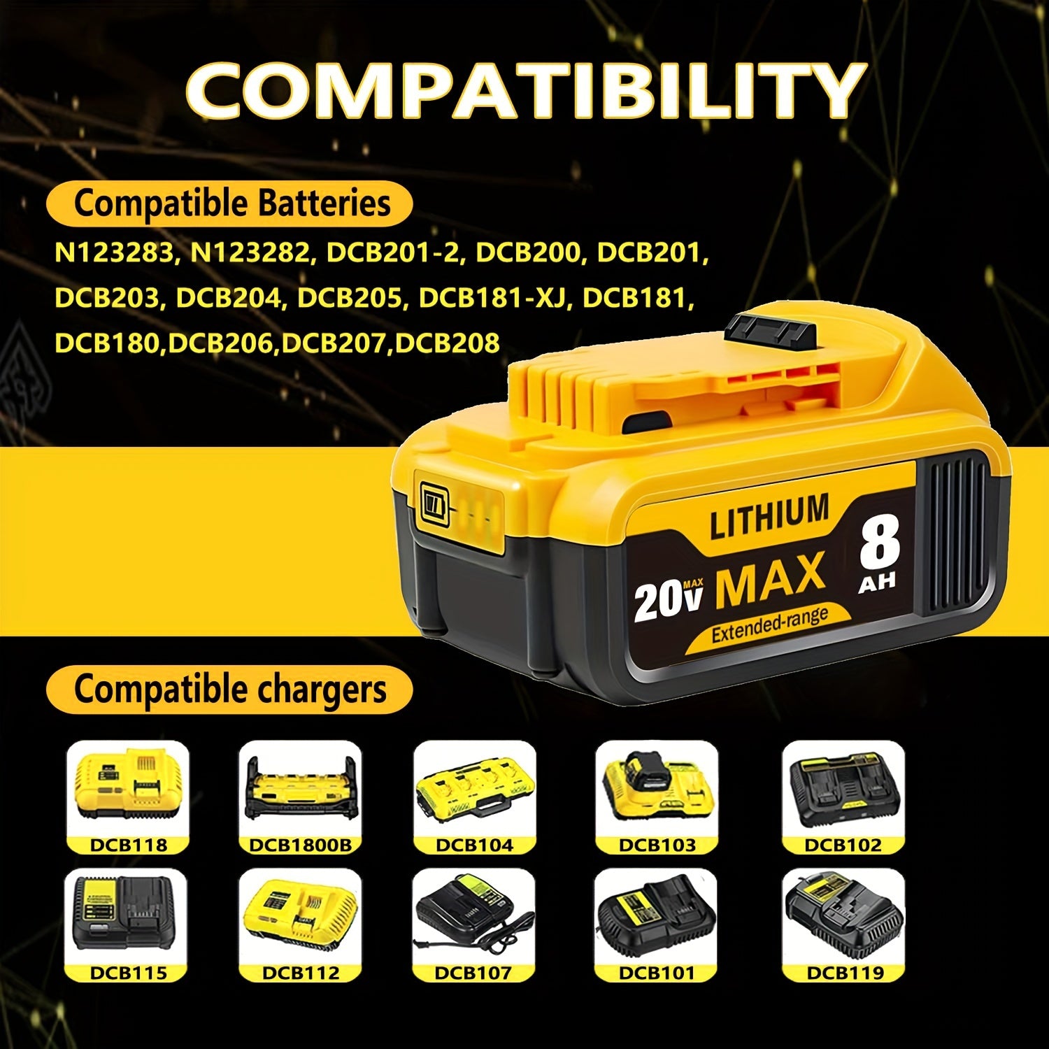 1/2/4pcs 8.0Ah 20V Lithium Ion Battery Replacement For Dewalt 20v Battery Compatible With Dewalt 20V Battery DCB206 DCB204 DCB200 DCB180 Series Cordless Power Tools With LED Indicator