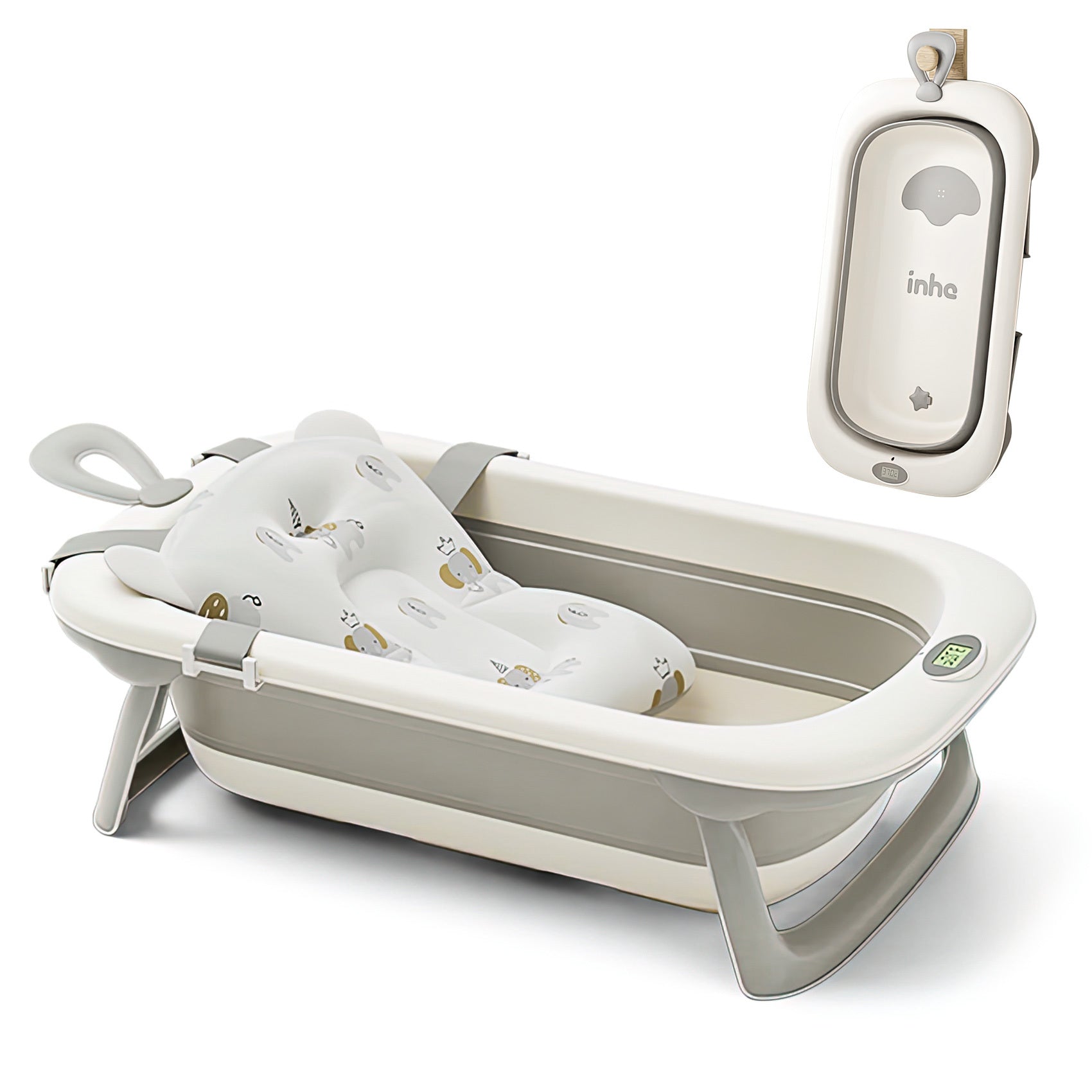 UNICOO® Baby Tub - Foldable Infant Bath Tub for Newborn to Toddler - Portable Baby Bathtub with Soft Cushion &Thermometer - Safety Belt, Detachable Cushion, Convenient Bathtub