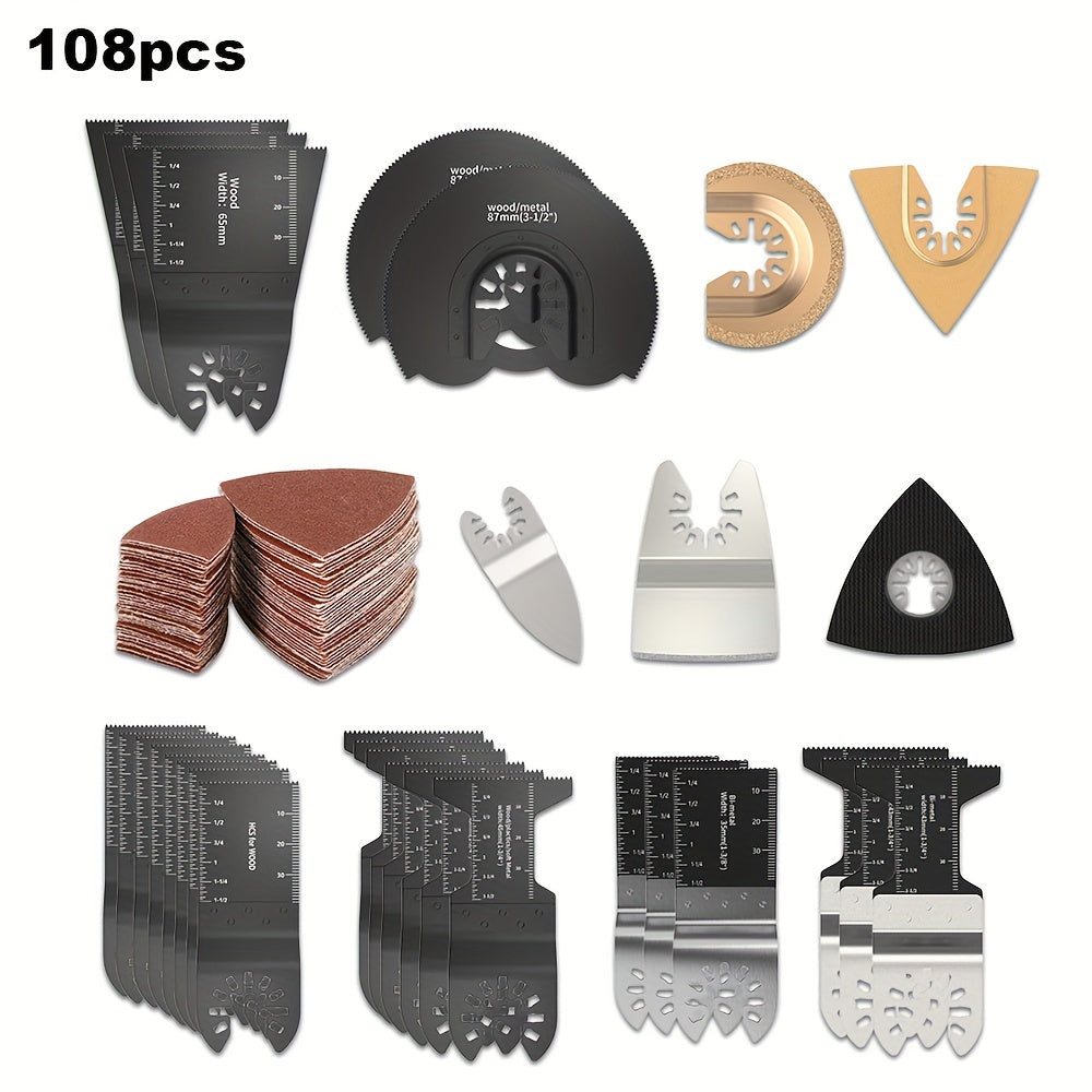108pcs/set Oscillating Multitool Accessories Kit For Wood/Plastic/Metal Cutting, Sanding And Grinding, Compatiable For Dewalt, Roybi, Chicago, Bosch, Rockwell, Worx, Fein, Craftsman, Makita