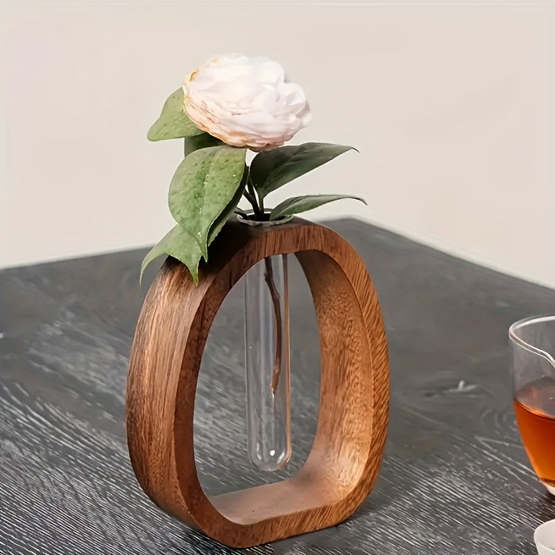 1pc Art Deco Style Wooden Round Vase with Glass Tube - Elegant Hydroponic Flower Vase for Home and Office Decor, No Electricity or Battery Needed, Ideal Christmas Gift, Vases for Flowers