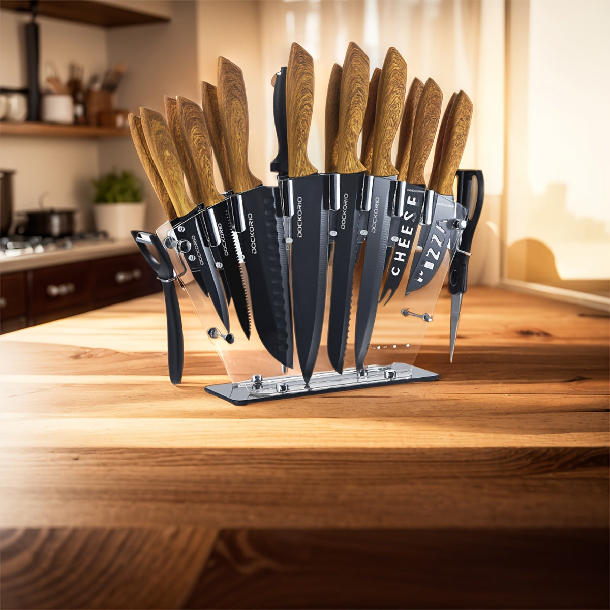 19pcs High Carbon Stainless Steel Sharp includes Serrated Steak Knives Set, Kitchen Knife Set with Block Chef Knives, Bread Knife, Scissor, Sharpener, All in one