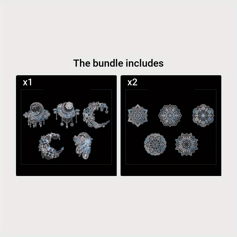 10pcs/pack Spiritual Wonderland Series Mandala Theme Three-dimensional Laser Silver PET Sticker Material Adhesive Sticker 165mm/6.50in*110mm/4.33in, DIY Materials
