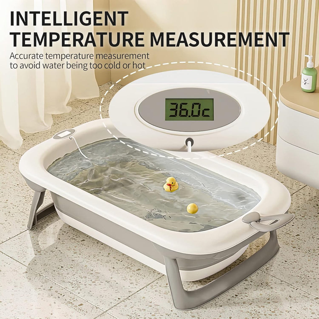 UNICOO® Baby Tub - Foldable Infant Bath Tub for Newborn to Toddler - Portable Baby Bathtub with Soft Cushion &Thermometer - Safety Belt, Detachable Cushion, Convenient Bathtub