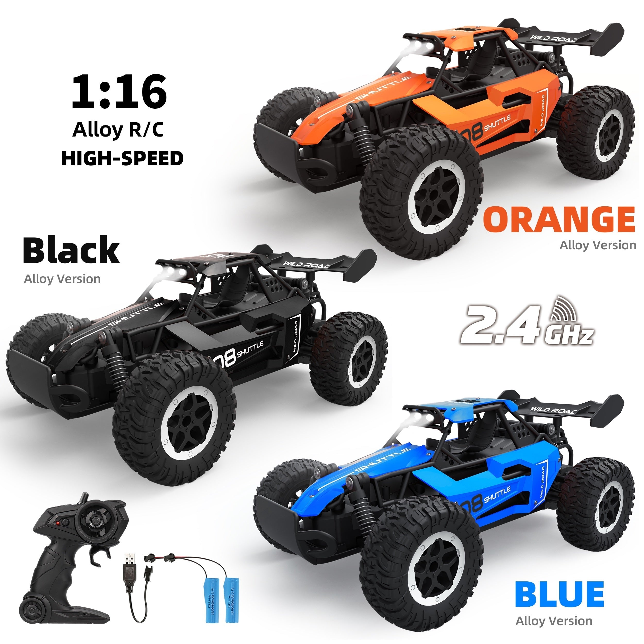 1:16 2.4G Double Battery Alloy RC Car, High Speed Up To 20 Km/h Remote Control Car, All Terrain Off-Road Electric Toy Car Halloween Christmas Gift
