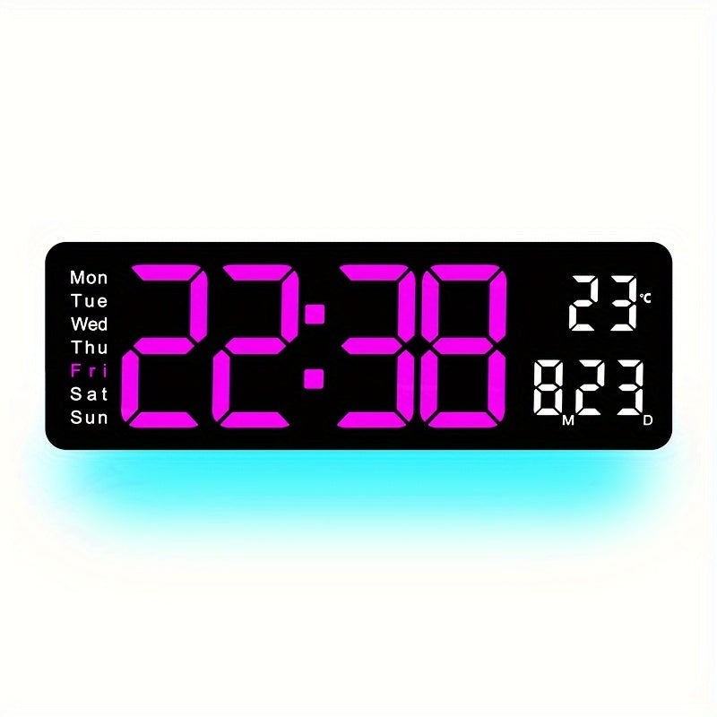 1pc 16-Inch Remote Control Digital Wall Clock, Temperature Date Display With Mood Light, Dual Alarm, Countdown, 10-Level Brightness Adjustment, 12/24H Format, Plastic Material, USB Powered (2 * AAA Battery For Memory Function