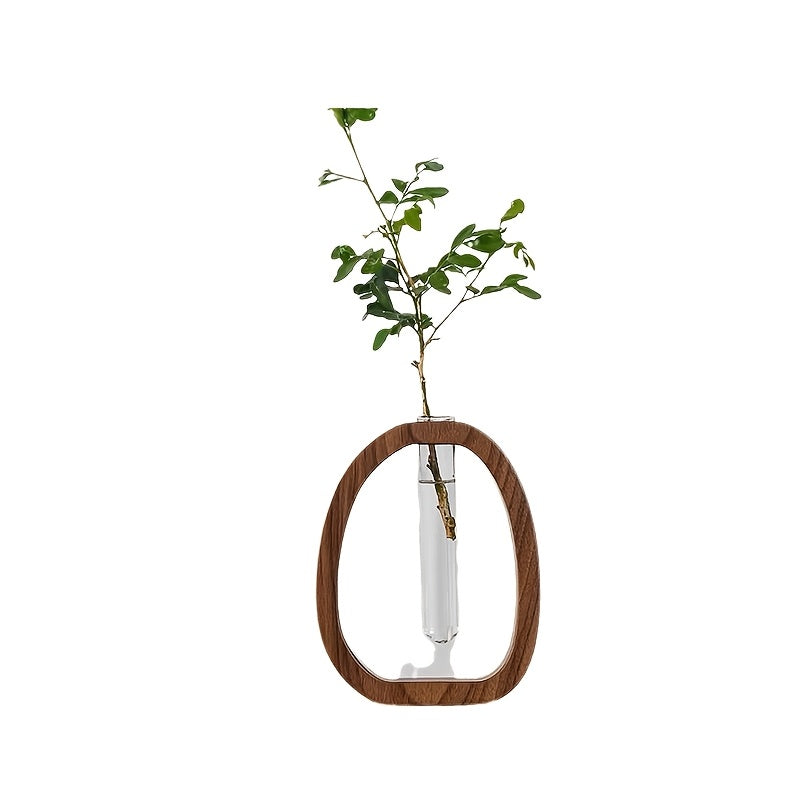 1pc Art Deco Style Wooden Round Vase with Glass Tube - Elegant Hydroponic Flower Vase for Home and Office Decor, No Electricity or Battery Needed, Ideal Christmas Gift, Vases for Flowers