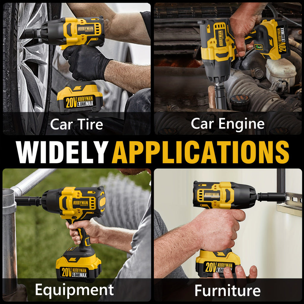 1pc Alloyman 20V Cordless Impact Wrench, 1/2" Drive, 555 Ft-lbs Max Torque, Brushless Motor, 2000 RPM, with 6 Sockets, 3 Extension Bars, 4.0 AH Li-ion Battery, Fast Charge, US Plug, Iron Material, Power Supply Operated