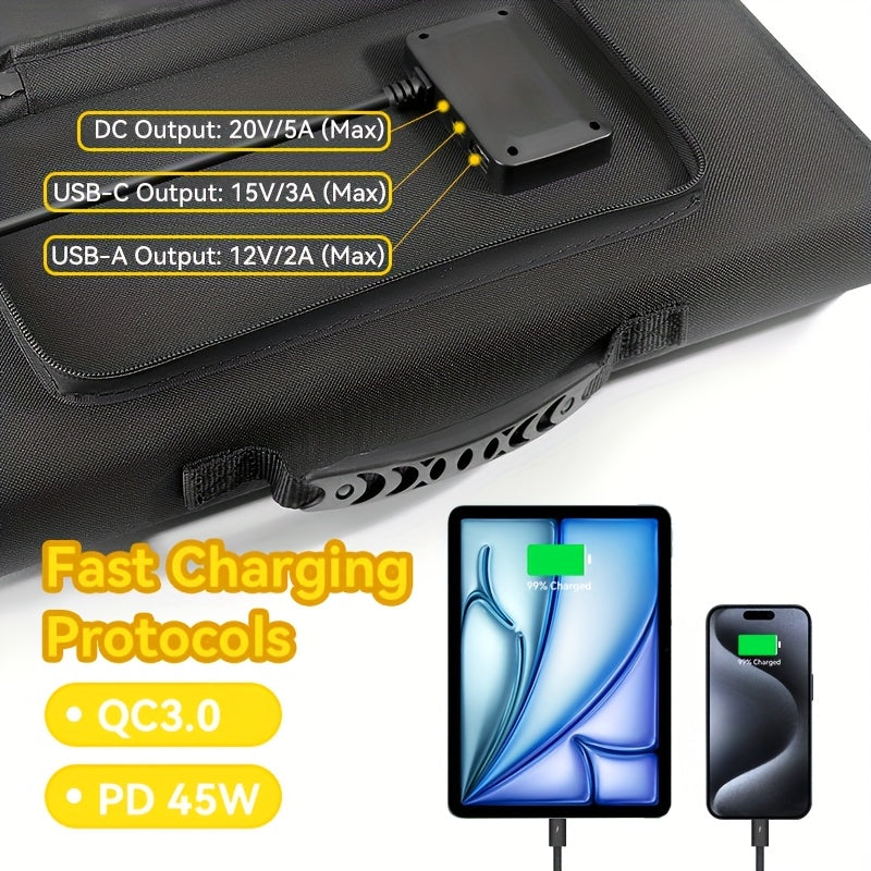 100W Portable Foldable Solar Panel Charger - High Efficiency Solar Charger with USB-C PD3.0, USB-A QC3.0, And DC 20V Output, Lightweight & Compact Design for Camping, Hiking, RV Travel, Fishing, And Outdoor Adventures