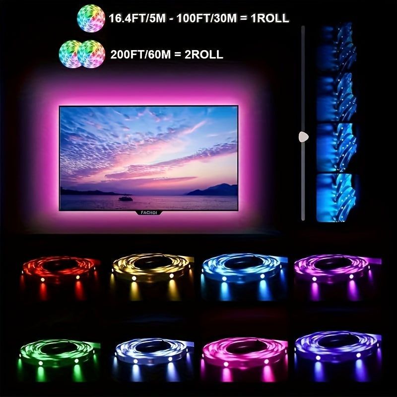 (2 rolls 17ft-1roll. 200ft RGB LED Strip Lights (2 Rolls, 100ft Each) with Smart App Control, Music Sync, Color Changing, Remote Control, for Bedroom, Party, Home Decor