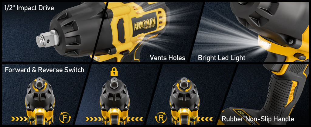 1pc Alloyman 20V Cordless Impact Wrench, 1/2" Drive, 555 Ft-lbs Max Torque, Brushless Motor, 2000 RPM, with 6 Sockets, 3 Extension Bars, 4.0 AH Li-ion Battery, Fast Charge, US Plug, Iron Material, Power Supply Operated