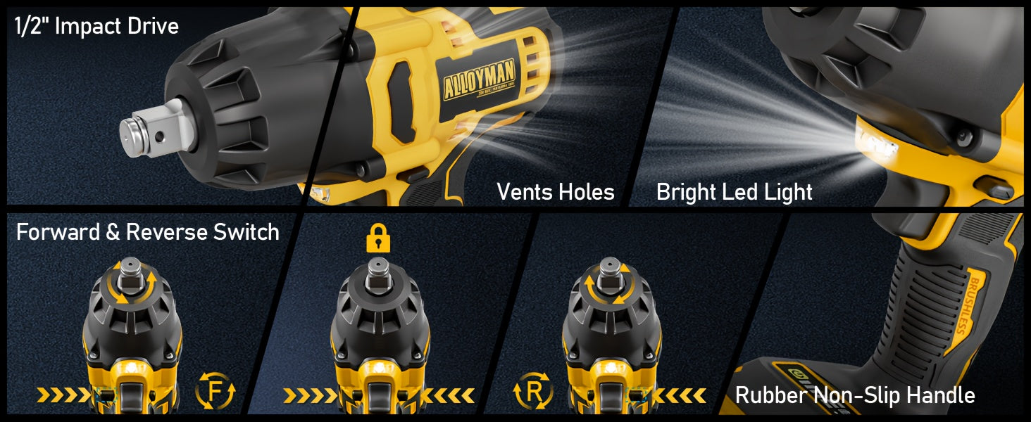 1pc Alloyman 20V Cordless Impact Wrench, 1/2" Drive, 555 Ft-lbs Max Torque, Brushless Motor, 2000 RPM, with 6 Sockets, 3 Extension Bars, 4.0 AH Li-ion Battery, Fast Charge, US Plug, Iron Material, Power Supply Operated