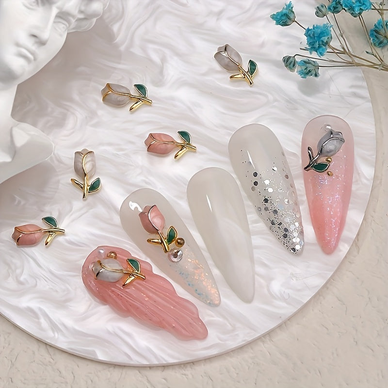10Pcs 3D Tulip & Heart Nail Charms - Scent-Free, Diy Manicure Accessories For Hands, Feet & Nails