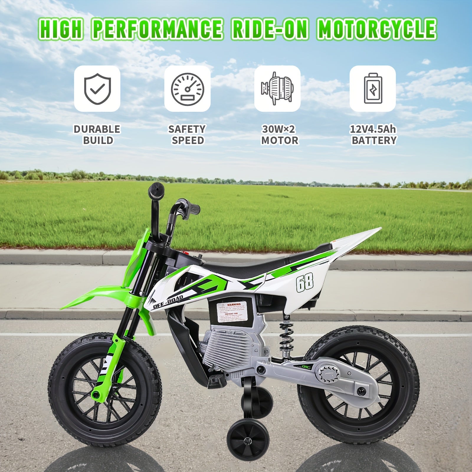 12V Electric Dirt Bike, Kids Electric Motorcycle With 30W*2 Motor, Training Wheels, Spring Suspension, Battery-Powered Ride On Toy Car For Toddler Boys And Girls Ride On Car