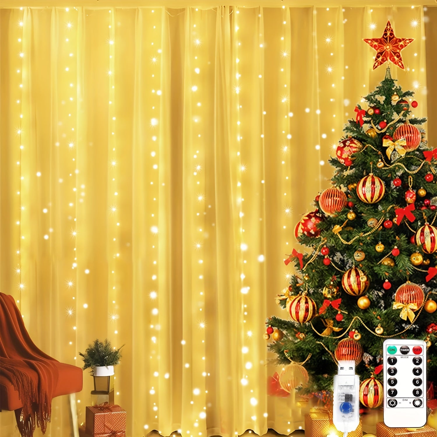 1 Set Of Fairy Curtain Lights For Bedroom, 39inch/118inch Christmas String Lights USB Plug In 8 Modes Wall Hanging Twinkle Lights With Remote Control For In/Outdoor Wedding Party Backdrop Xmas Decor