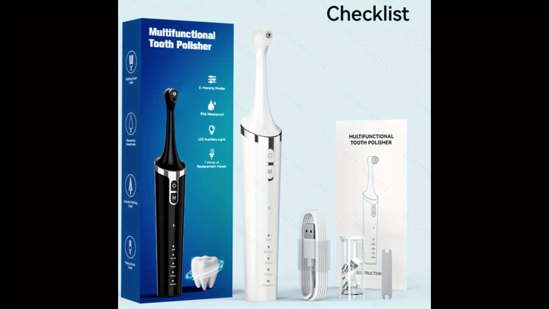 1 Piece Rechargeable Teeth Whitening Kit: 7 Brush Heads, 5 Speed Modes, Waterproof LED Light Electric Tooth Polisher for Daily Whitening and Cleaning