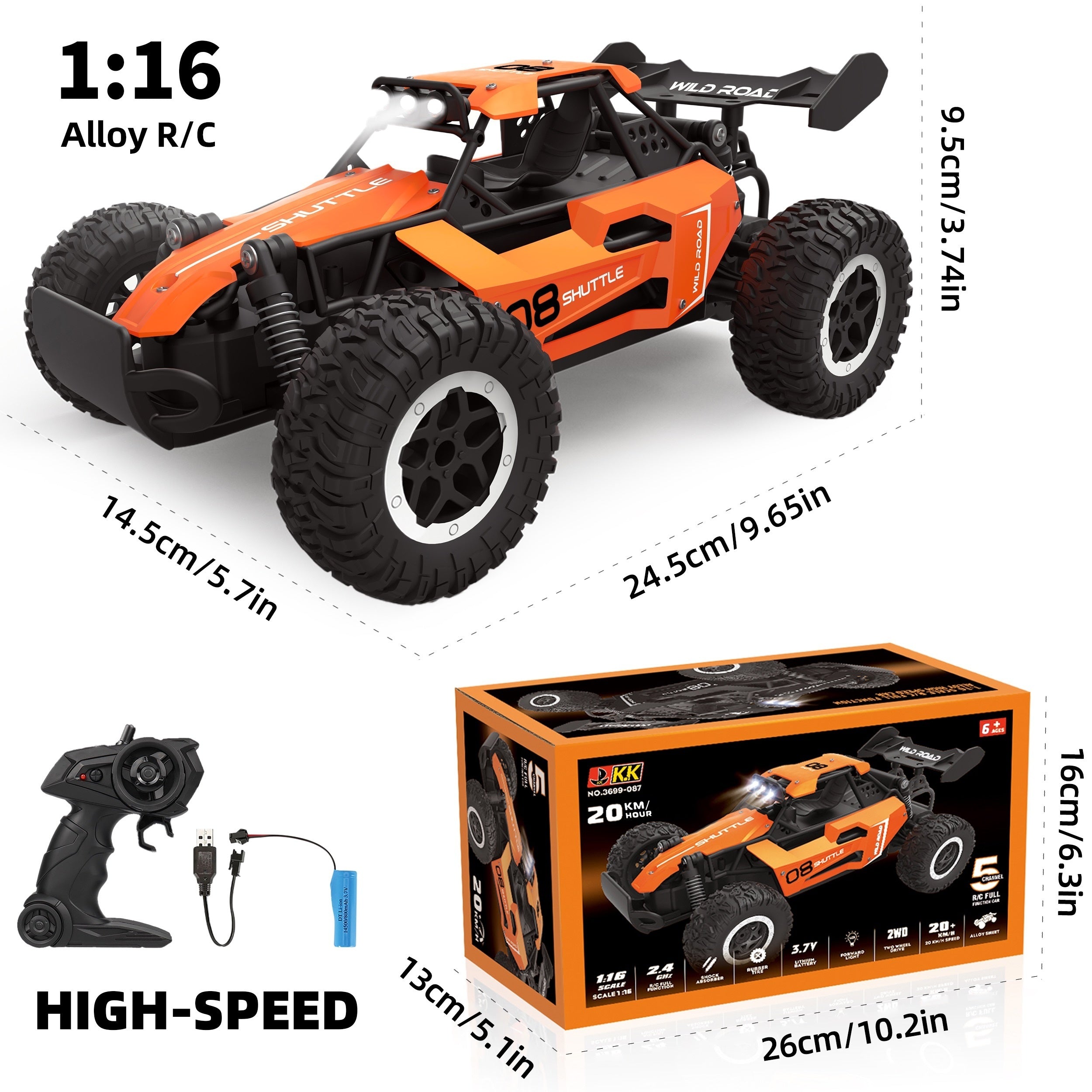 1:16 2.4G Remote Control Car, High-Speed Up To 20 Km/h, All Terrain Off-Road Electric Toy Car, Christmas, Halloween, Thanksgiving Day Gift