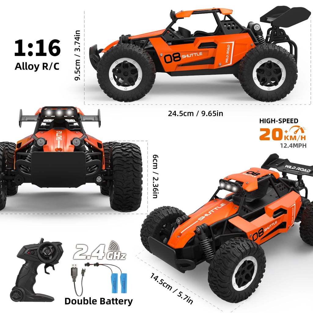 1:16 2.4G Double Battery Alloy RC Car, High Speed Up To 20 Km/h Remote Control Car, All Terrain Off-Road Electric Toy Car Halloween Christmas Gift