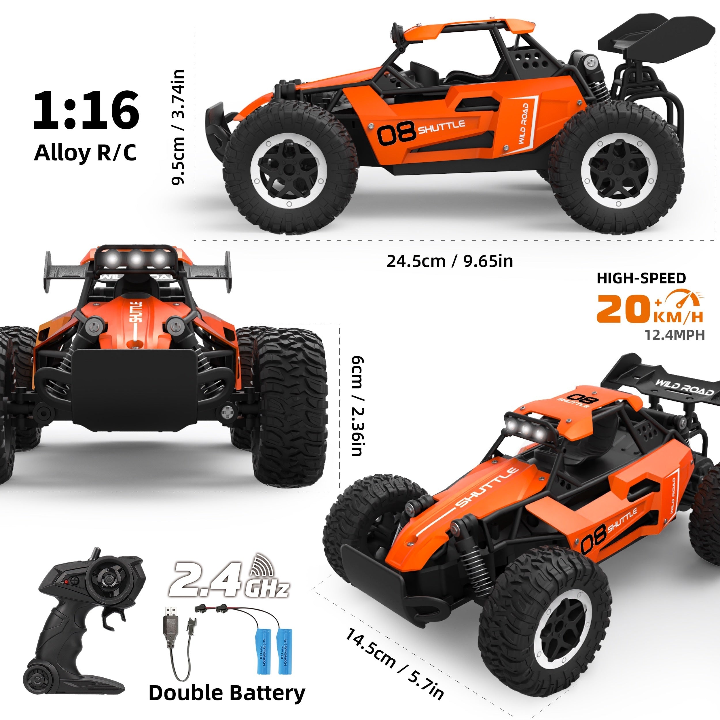 1:16 2.4G Double Battery Alloy RC Car, High Speed Up To 20 Km/h Remote Control Car, All Terrain Off-Road Electric Toy Car Halloween Christmas Gift