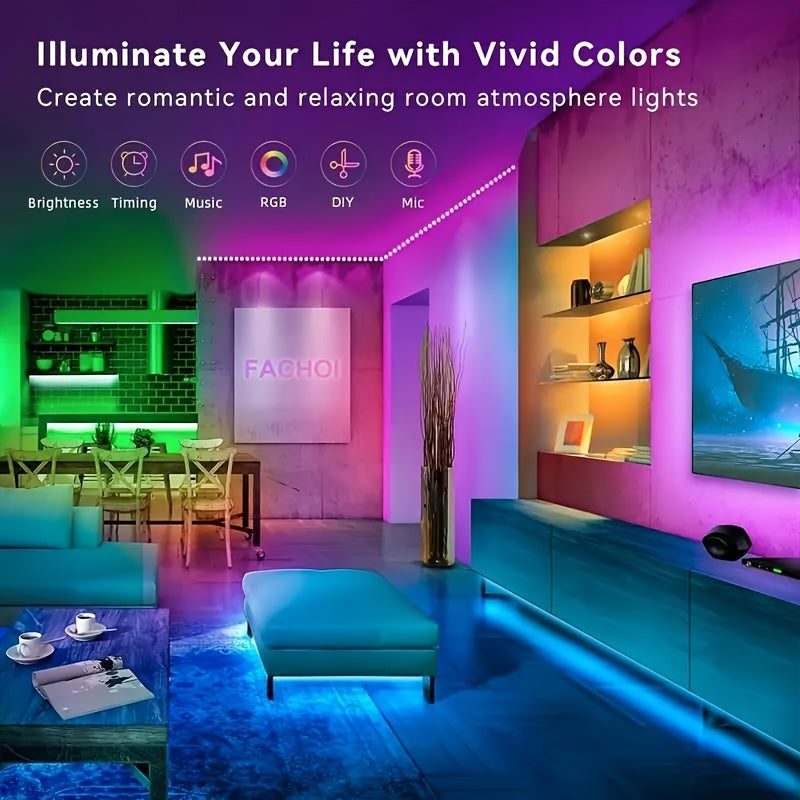 (2 rolls 17ft-1roll. 200ft RGB LED Strip Lights (2 Rolls, 100ft Each) with Smart App Control, Music Sync, Color Changing, Remote Control, for Bedroom, Party, Home Decor