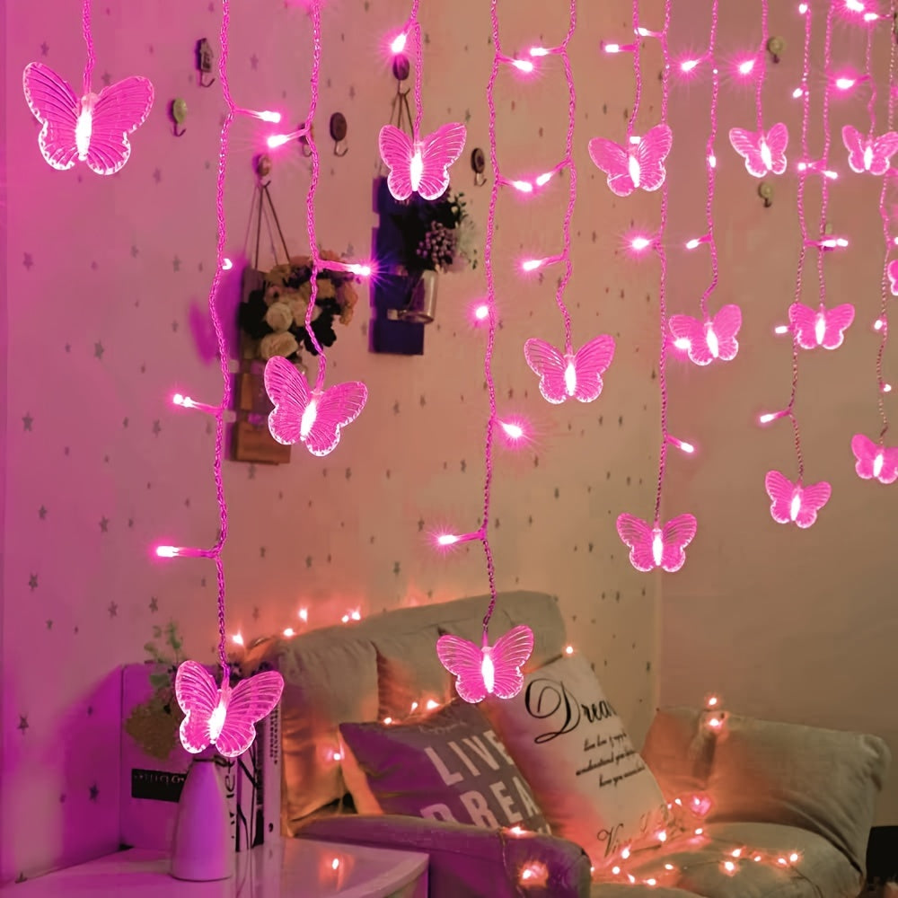 16-Butterfly LED Curtain Lights - 96 Bulbs, 18FT USB, 8 Dreamy Modes, Remote Control - Romantic Purple Bedroom & Party Decor