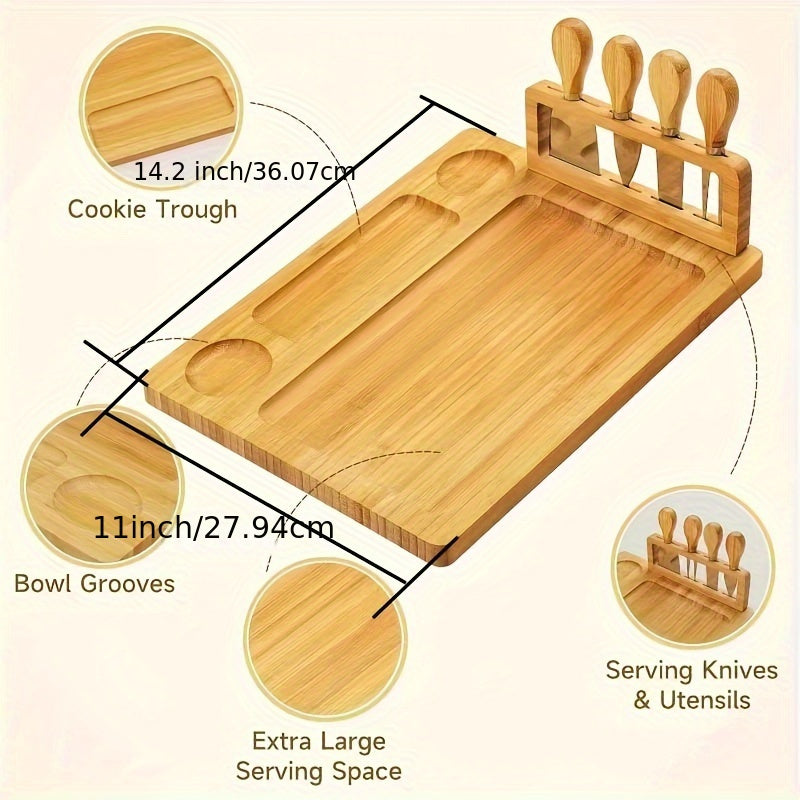 1 Set Cheese Board Set - Meat Cheese Tray, Deli Board Set With 4 Stainless Steel Cheese Knives, Perfect For Parties, Wedding Cheese Spatula, Bamboo Cheese Board And Knife Set, Cheese Plate, Serving Tray, Kitchen Supplies