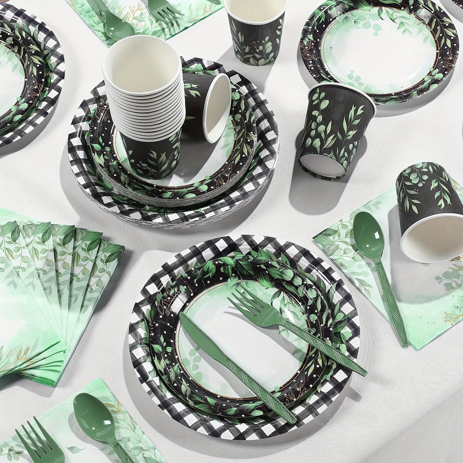 168 Pcs Sage Greenery Party Supplies Eucalyptus Green Leaves Disposable Tableware Set 9" And 7" Paper Plates And Napkins Cups Plastic Fork Knives Spoon For Sage Greenery Party Dinnerware