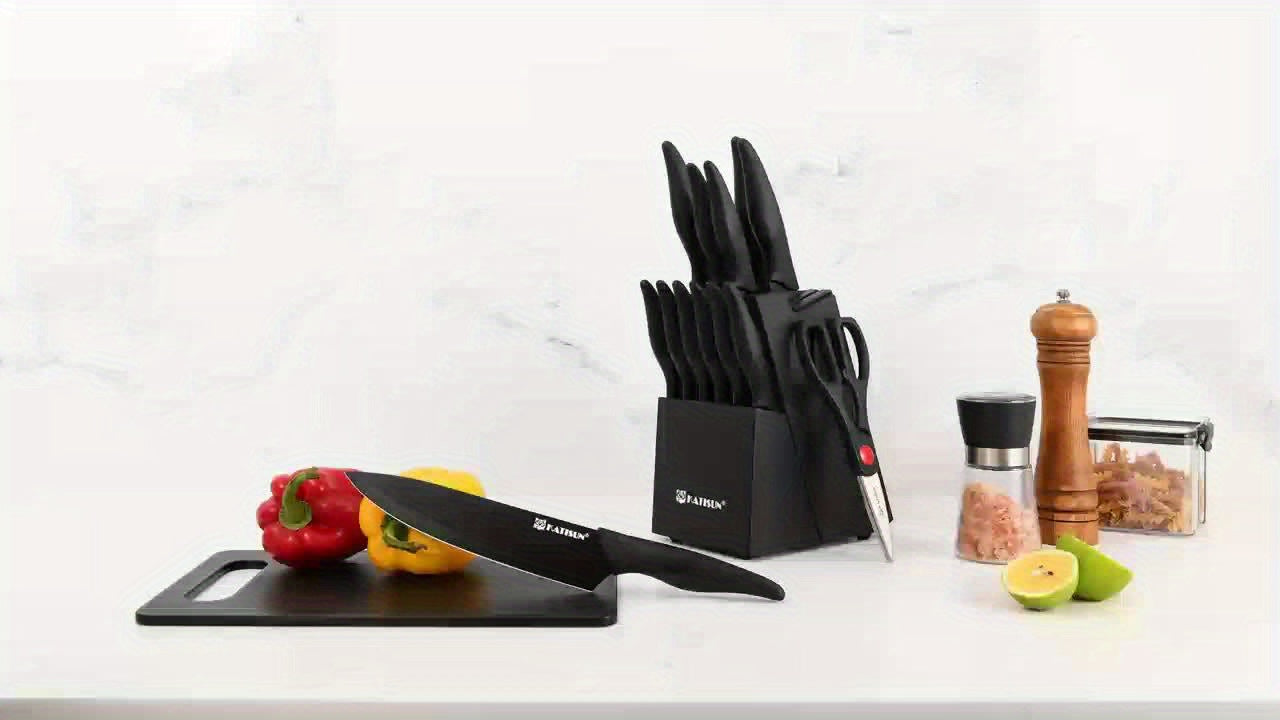 15pcs Professional Black Coding Kitchen Knife Set With Black Wooden Block, Non-slip ABS Handle For Chef Knives, Plastic Cutting Board, And Kitchen Shears For Family And Restaurant