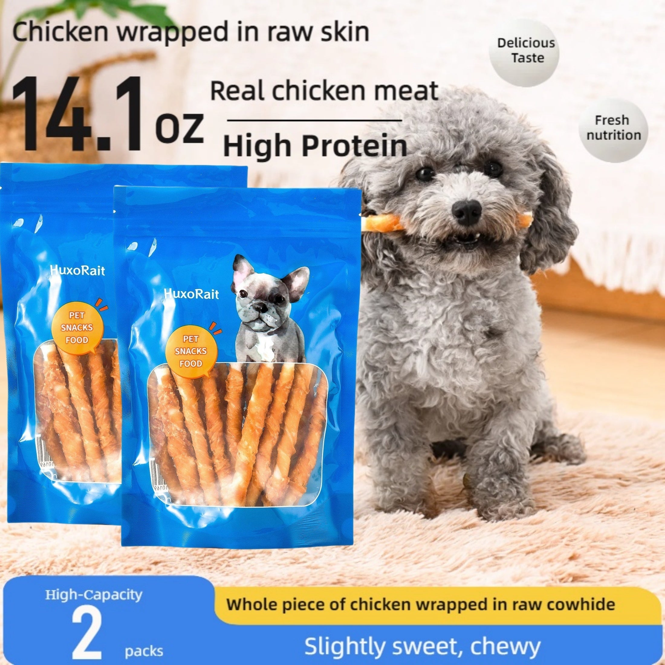 14.1 Ounces, Dog Treats, Tooth Cleaning And Grinding Rod, Rawhide Twist Chicken Hide Sticks, Suitable For Puppy And Medium, Large Dog, High Protein, Low Fat, Perfect Training Reward Snack For Dogs