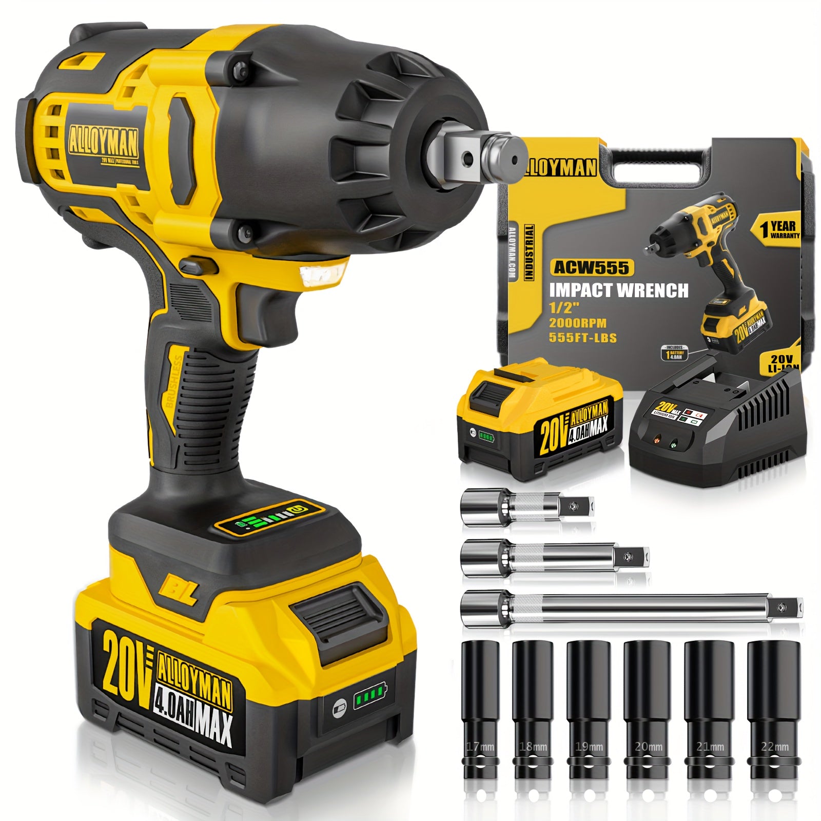 1pc Alloyman 20V Cordless Impact Wrench, 1/2" Drive, 555 Ft-lbs Max Torque, Brushless Motor, 2000 RPM, with 6 Sockets, 3 Extension Bars, 4.0 AH Li-ion Battery, Fast Charge, US Plug, Iron Material, Power Supply Operated