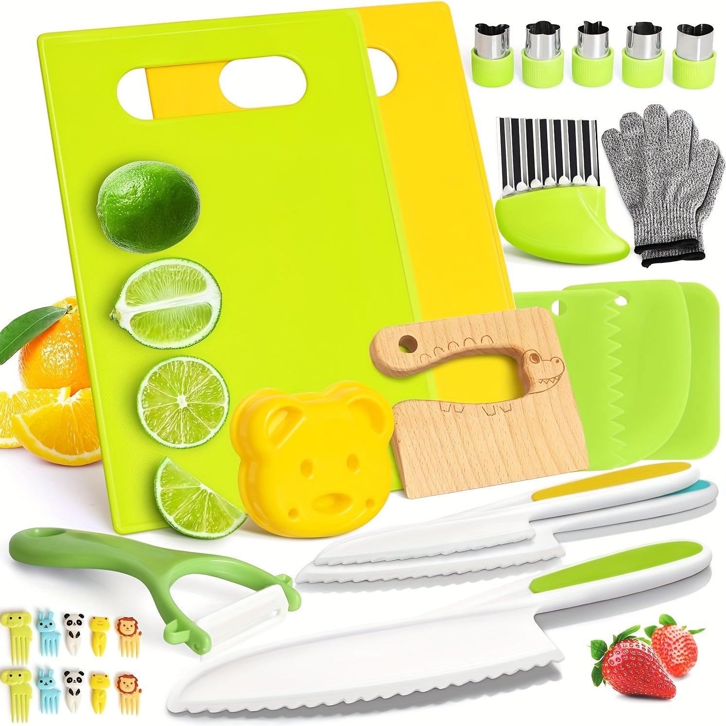 17PCS Montessori Kitchen Tools For Toddlers, Kids Cooking Sets Real, Safe Knife Set For Real Cooking With Plastic Toddler Safe Knives Crinkle Cutter Kids Cutting Board