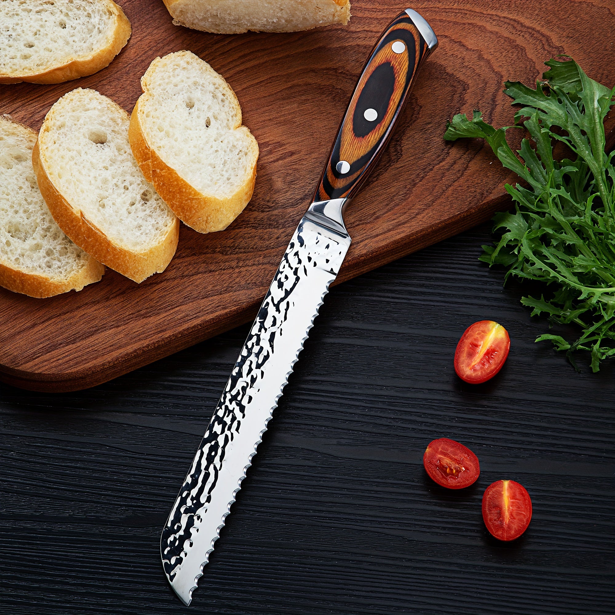15pcs Professional Kitchen Knife Set, Kitchen Accessories, Super Sharp Knife Set With Wooden Block, Chef Knife Set With Sharpener, High Carbon Stainless Steel Hammered Knife Block Set With Steak Knives, Selection For Easter G