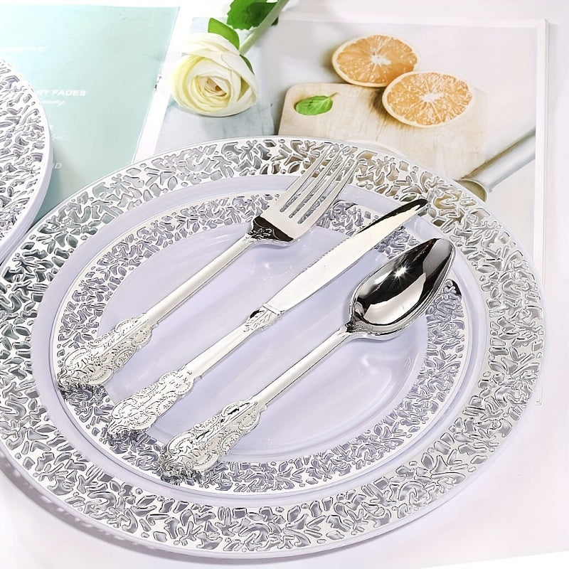 120 Forks, 120 Spoons, 120 Knives - 360 Pieces Heavyweight Silver Plastic Disposable Flatware Silverware