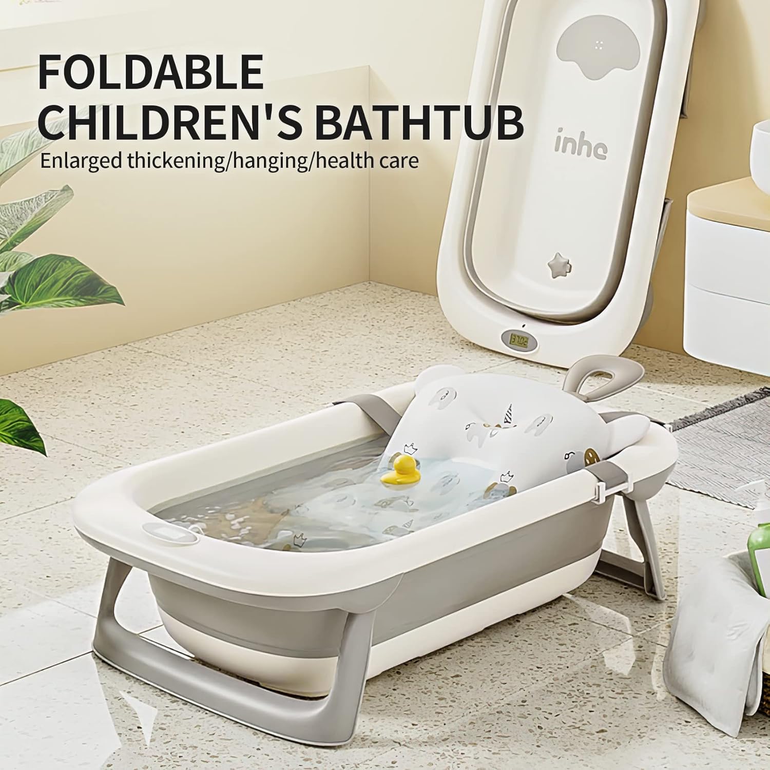 UNICOO® Baby Tub - Foldable Infant Bath Tub for Newborn to Toddler - Portable Baby Bathtub with Soft Cushion &Thermometer - Safety Belt, Detachable Cushion, Convenient Bathtub