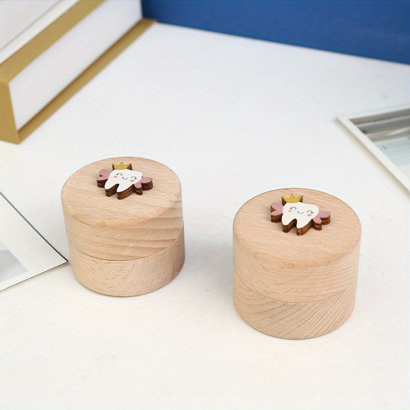 1pc Charming Wooden Tooth Fairy Keepsake Box for Youngsters - Cute 3D Tooth & Crown Design, Natural Wood Youngsters Tooth and Umbilical Cord Storage Case with Easy-Store Lid, Perfect Souvenir Gift for Youngsters, Tooth Fairy