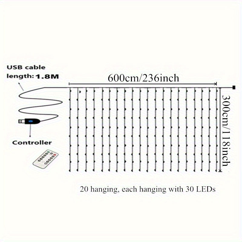 1pc 600LED 6m*3m/19.6ft*9.8ft USB Curtain String Lights, Christmas Garland Fairy Light Festoon Remote Control Led Light Wedding Home Bedroom Decoration Lighting, Easter Decoration, New Year's Day, Ramadan Decoration, Valentin