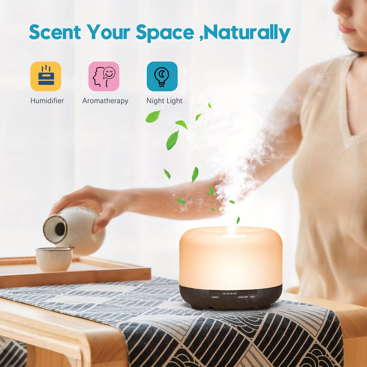 16.91oz Aromatherapy Oil Diffuser, 5V 2A USB Powered Wood Grain Color Essential Oil Aroma Diffuser, Auto Shut Off (When Water Use Out) With Remote Control For Home Office Bedroom
