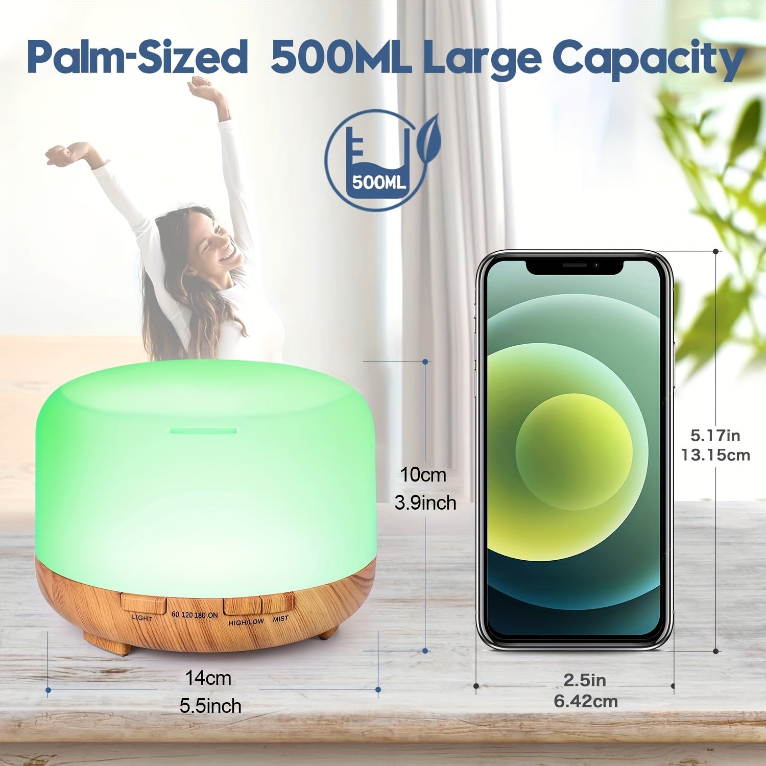 16.91oz Aromatherapy Oil Diffuser, 5V 2A USB Powered Wood Grain Color Essential Oil Aroma Diffuser, Auto Shut Off (When Water Use Out) With Remote Control For Home Office Bedroom