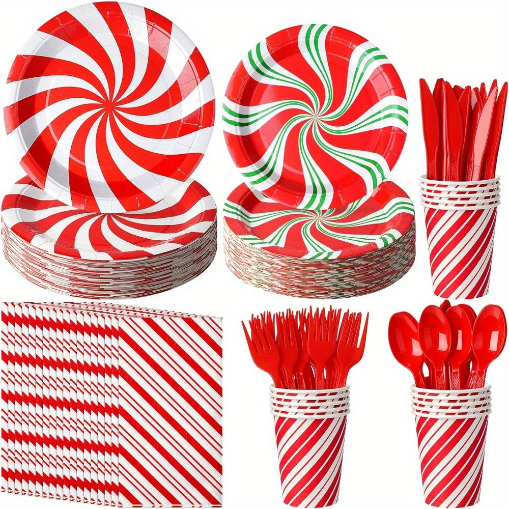 175 Pcs Christmas Candy Cane Party Plates Supplies, Christmas Disposable Tableware Peppermint Swirl Red Green Paper Plate Napkins Cup Knives Spoon Fork for New Year Christmas Holiday Party Decorations, Serve 25