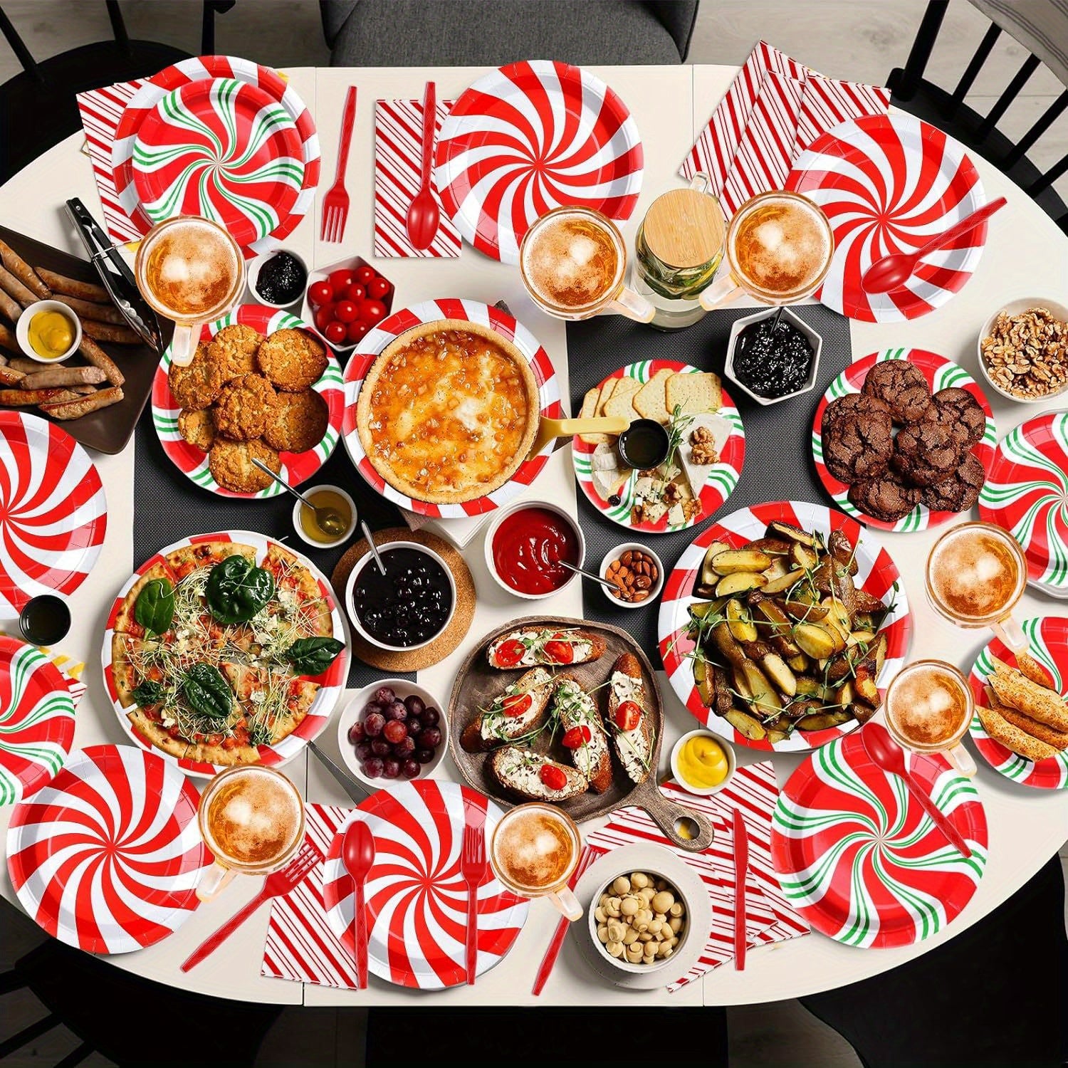 175 Pcs Christmas Candy Cane Party Plates Supplies, Christmas Disposable Tableware Peppermint Swirl Red Green Paper Plate Napkins Cup Knives Spoon Fork for New Year Christmas Holiday Party Decorations, Serve 25