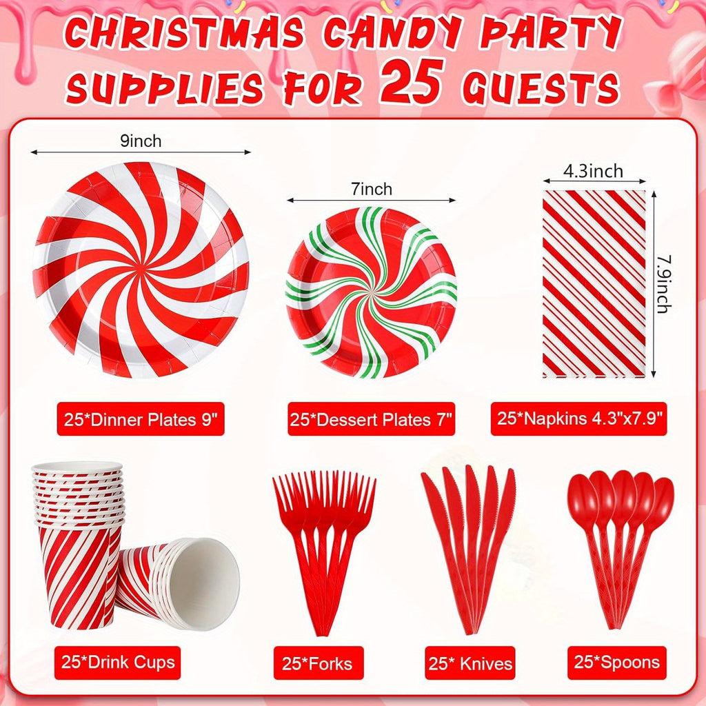 175 Pcs Christmas Candy Cane Party Plates Supplies, Christmas Disposable Tableware Peppermint Swirl Red Green Paper Plate Napkins Cup Knives Spoon Fork for New Year Christmas Holiday Party Decorations, Serve 25