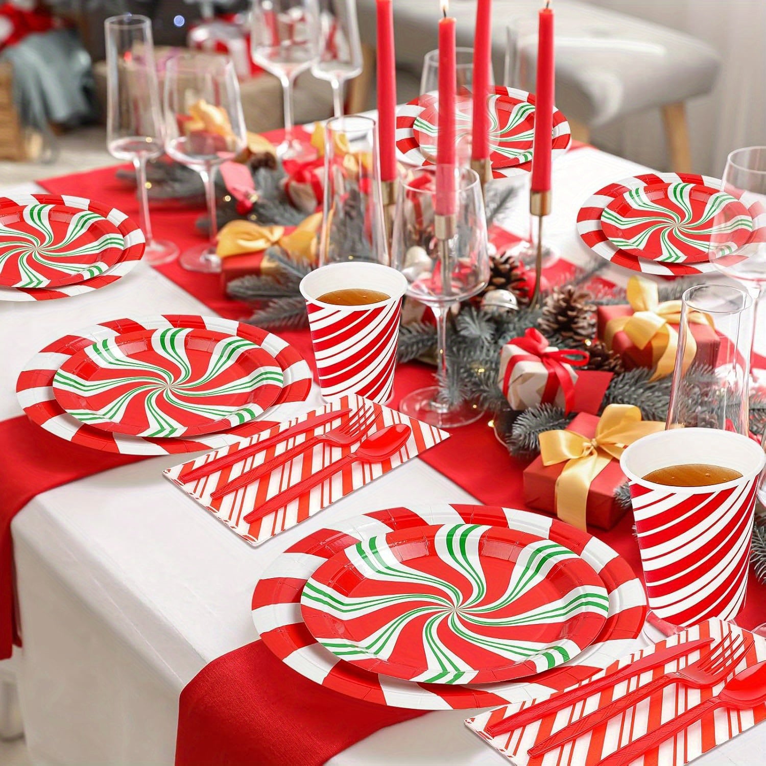 175 Pcs Christmas Candy Cane Party Plates Supplies, Christmas Disposable Tableware Peppermint Swirl Red Green Paper Plate Napkins Cup Knives Spoon Fork for New Year Christmas Holiday Party Decorations, Serve 25