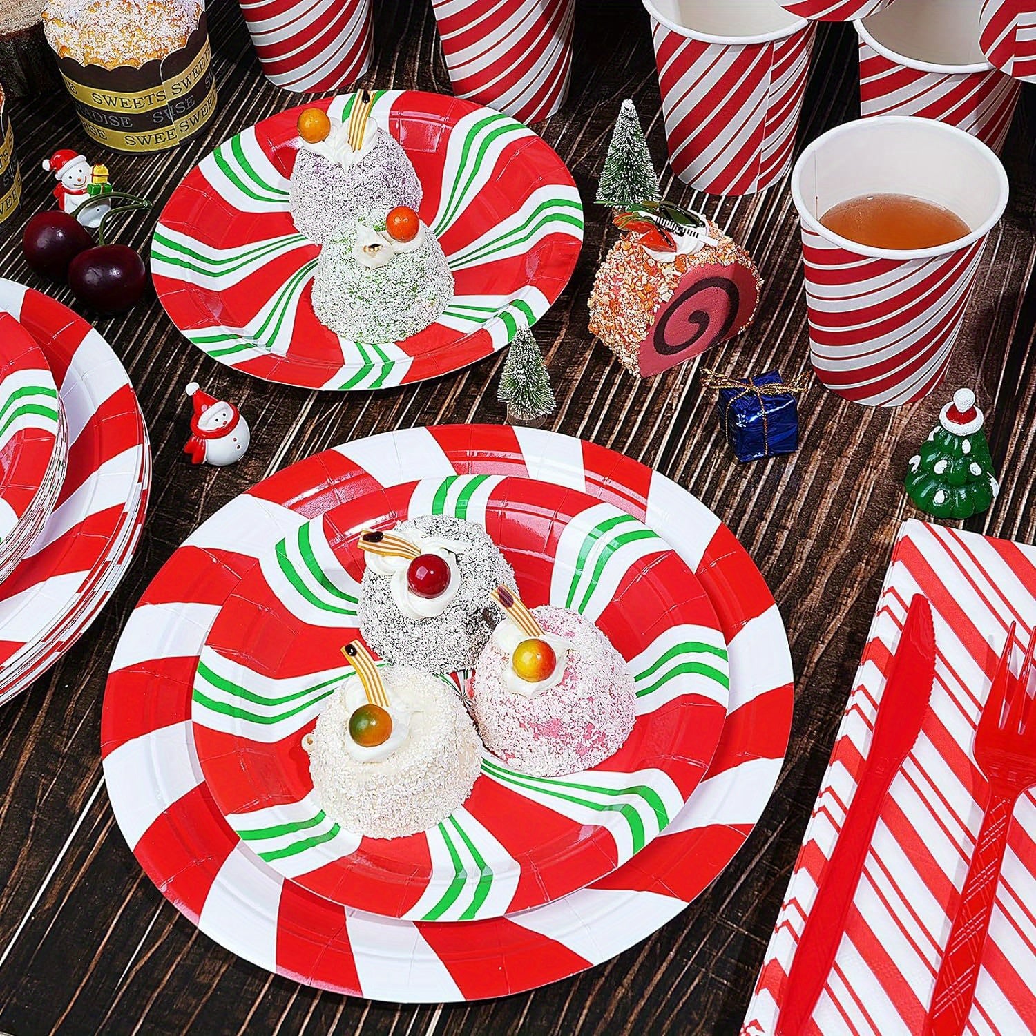 175 Pcs Christmas Candy Cane Party Plates Supplies, Christmas Disposable Tableware Peppermint Swirl Red Green Paper Plate Napkins Cup Knives Spoon Fork for New Year Christmas Holiday Party Decorations, Serve 25