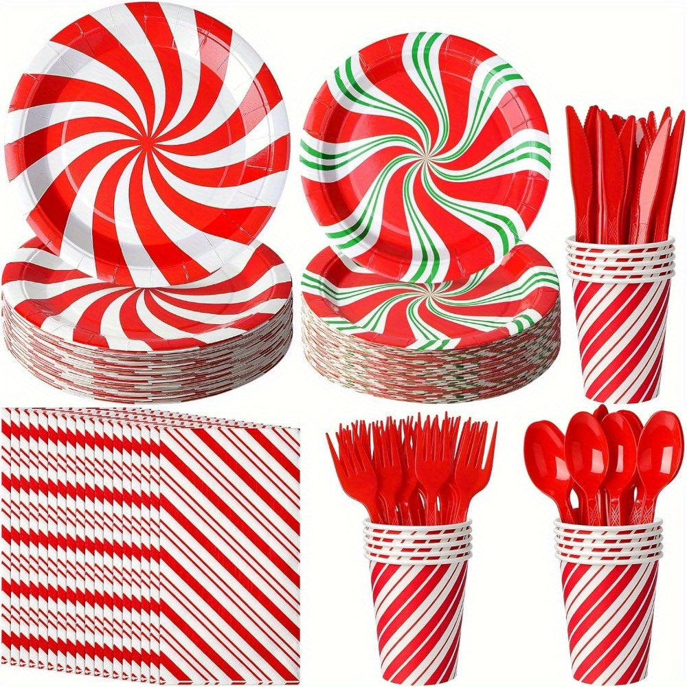 175 Pcs Christmas Candy Cane Party Plates Supplies, Christmas Disposable Tableware Peppermint Swirl Red Green Paper Plate Napkins Cup Knives Spoon Fork for New Year Christmas Holiday Party Decorations, Serve 25