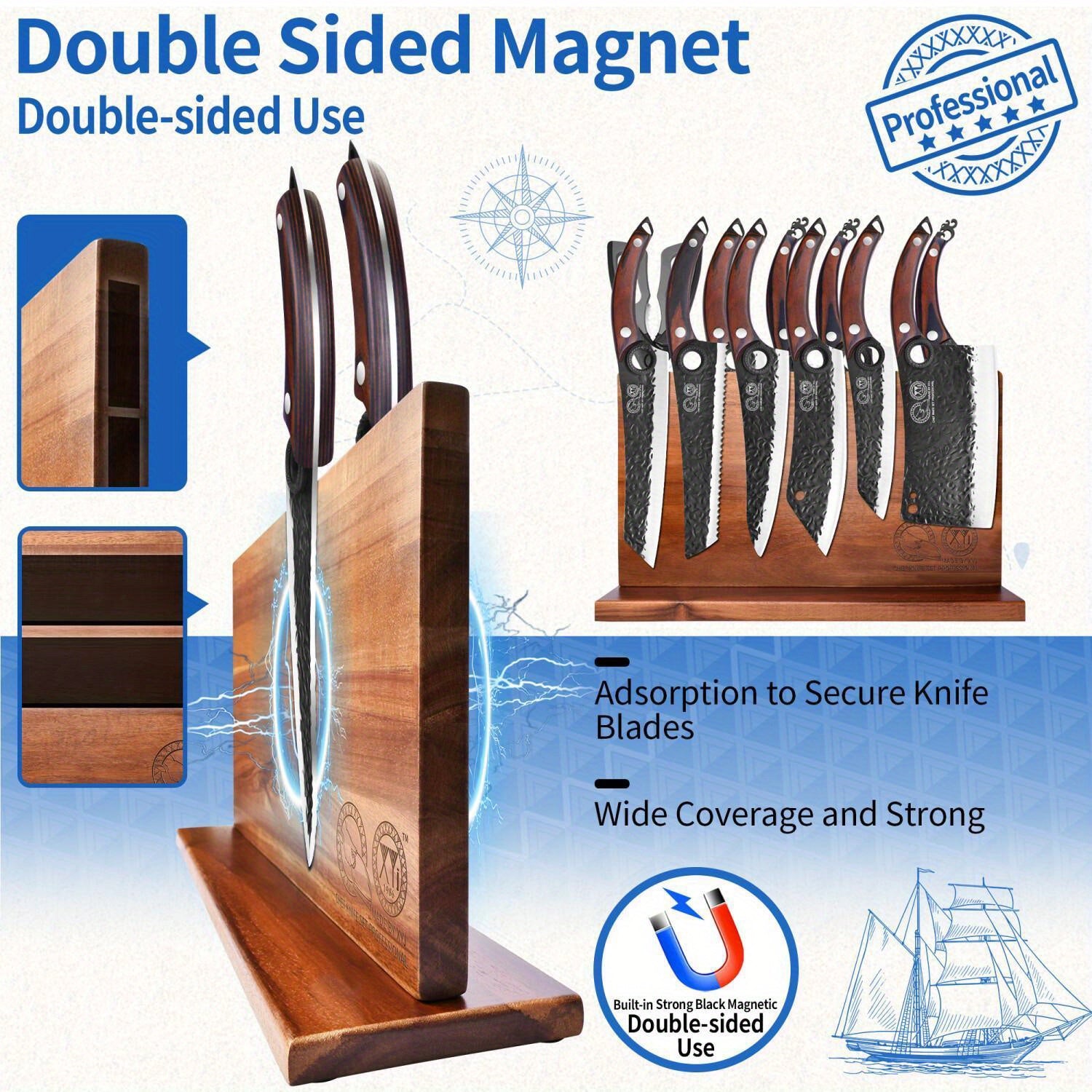 10pcs, Knife Set With Magnetic Blocks, Rolling Bag, Scissors, Sharpening Rod, Cutting Board, Kitchen Chef Knives Set For Home, Personalized Gifts For Women Men Birthday Christmas Valentines Unique Presents For Mom Dad Friend