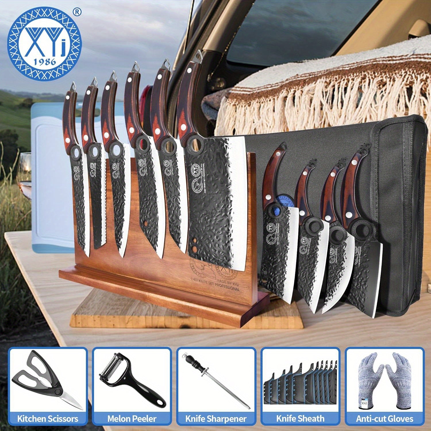 10pcs, Knife Set With Magnetic Blocks, Rolling Bag, Scissors, Sharpening Rod, Cutting Board, Kitchen Chef Knives Set For Home, Personalized Gifts For Women Men Birthday Christmas Valentines Unique Presents For Mom Dad Friend