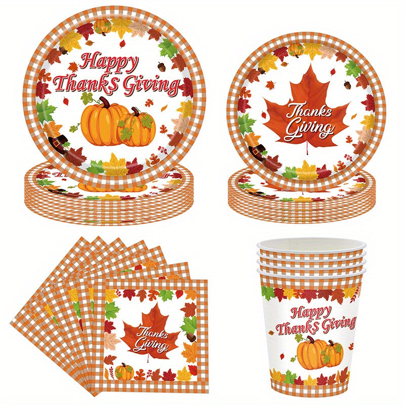 170pcs Disposable tableware set, Thanksgiving party tableware set, maple leaf tableware set, pumpkin tableware set, including tablecloth, paper towels, paper cups, paper plates, flags, knives, forks and straws, 24 servings