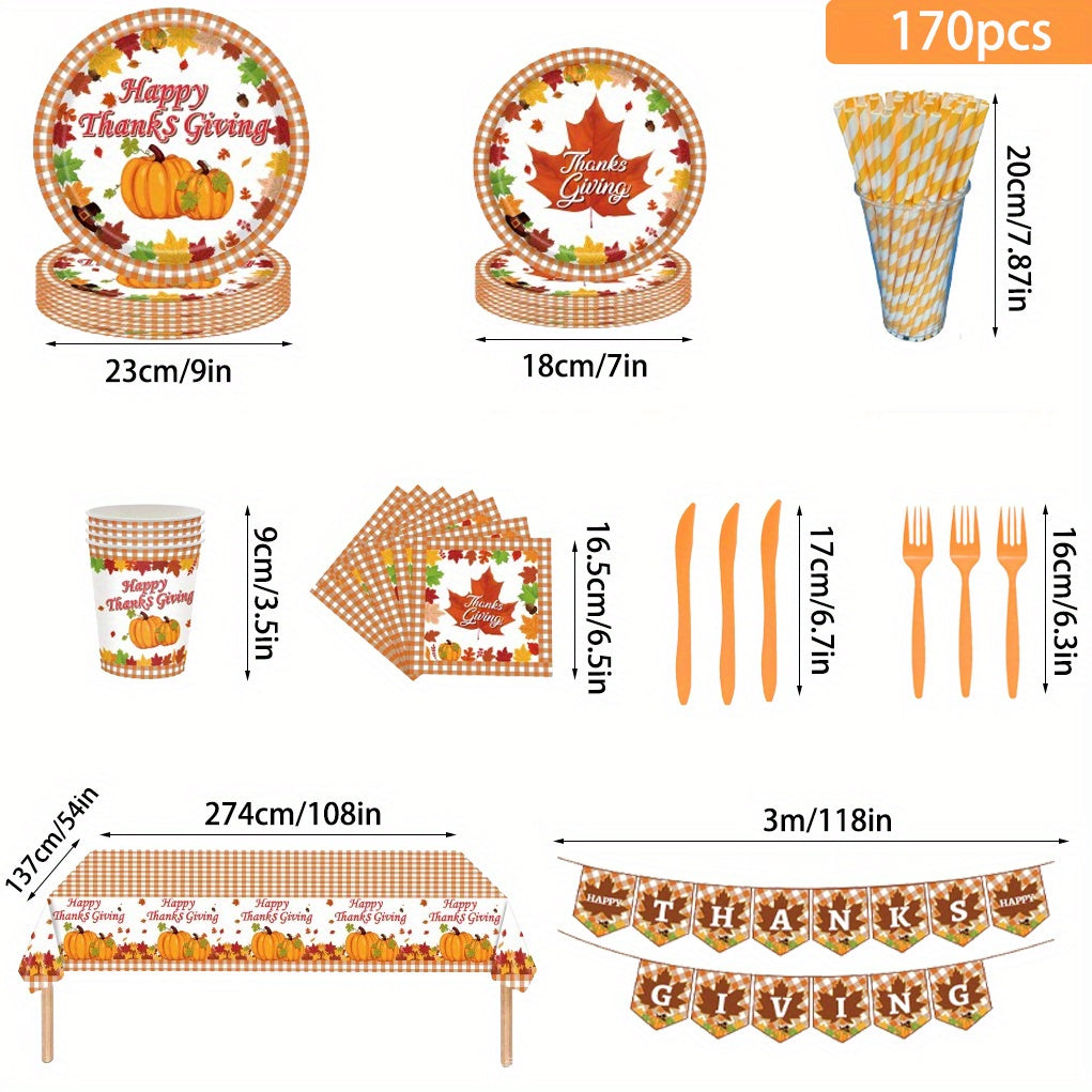 170pcs Disposable tableware set, Thanksgiving party tableware set, maple leaf tableware set, pumpkin tableware set, including tablecloth, paper towels, paper cups, paper plates, flags, knives, forks and straws, 24 servings