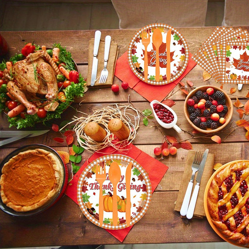 170pcs Disposable tableware set, Thanksgiving party tableware set, maple leaf tableware set, pumpkin tableware set, including tablecloth, paper towels, paper cups, paper plates, flags, knives, forks and straws, 24 servings