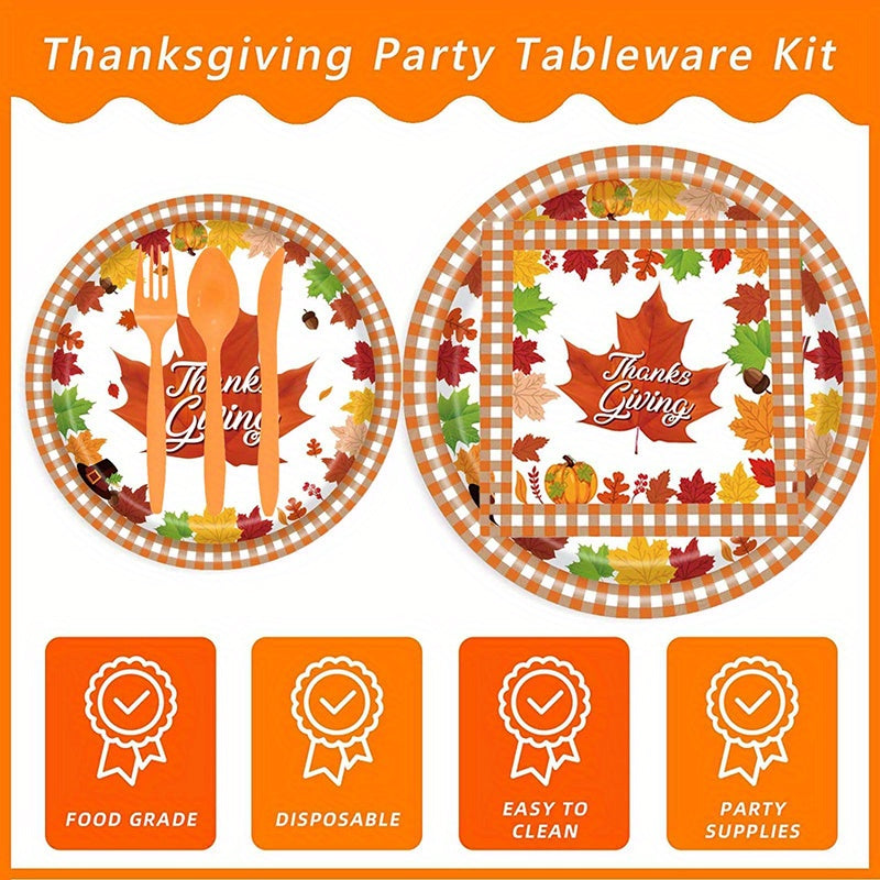 170pcs Disposable tableware set, Thanksgiving party tableware set, maple leaf tableware set, pumpkin tableware set, including tablecloth, paper towels, paper cups, paper plates, flags, knives, forks and straws, 24 servings