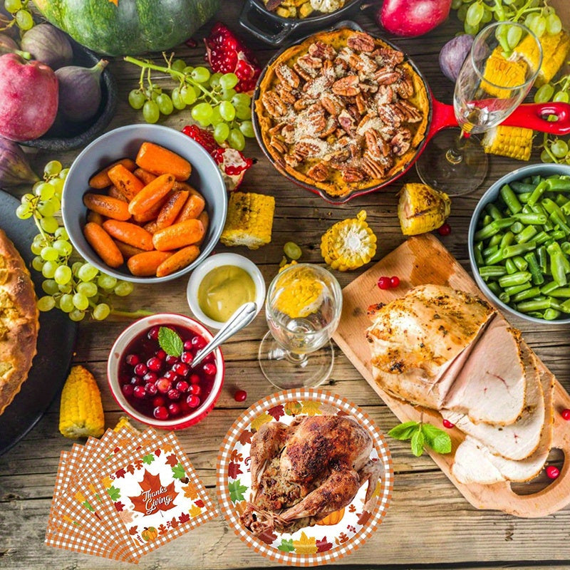 170pcs Disposable tableware set, Thanksgiving party tableware set, maple leaf tableware set, pumpkin tableware set, including tablecloth, paper towels, paper cups, paper plates, flags, knives, forks and straws, 24 servings